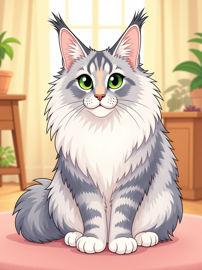 Draft cartoon cover illustration of Anjou, a silver Maine Coon.