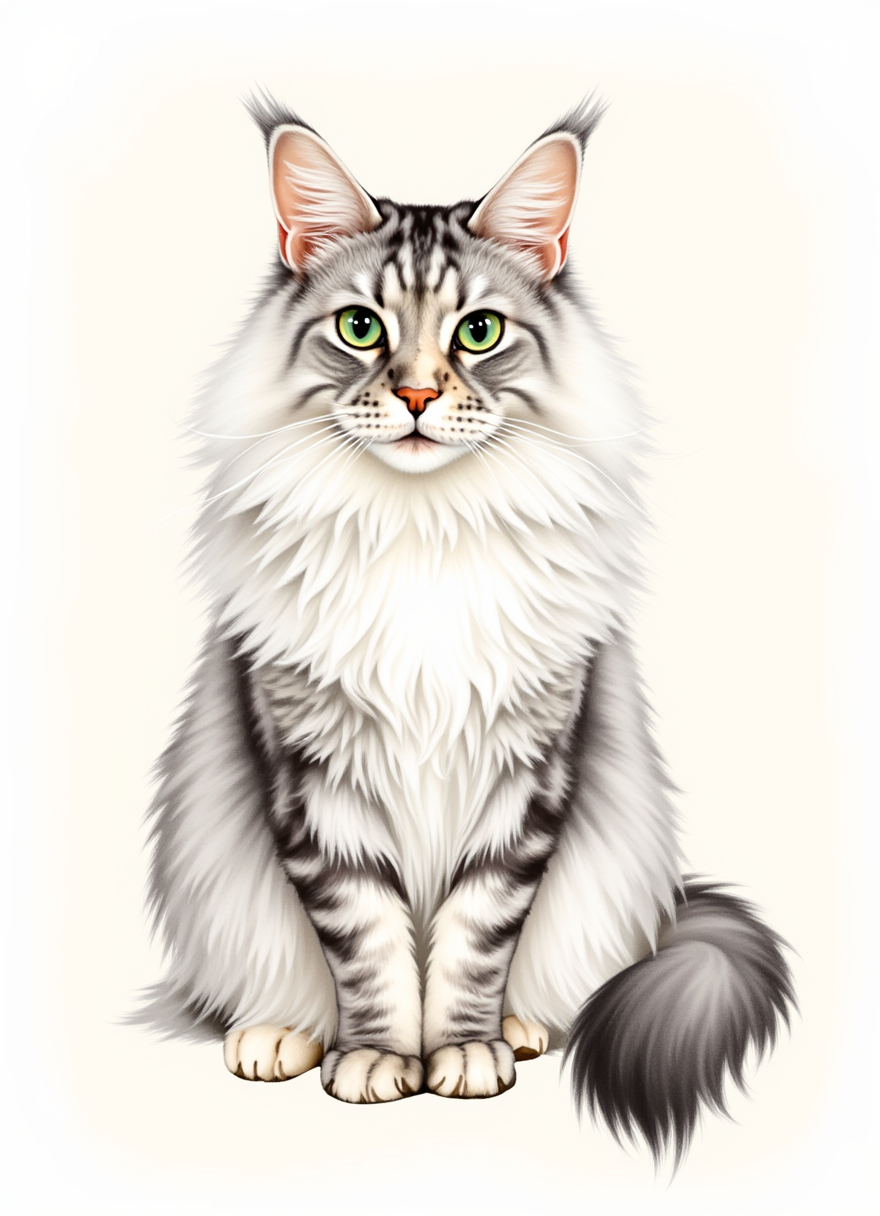 Draft watercolor cover illustration of Anjou, a silver Maine Coon.