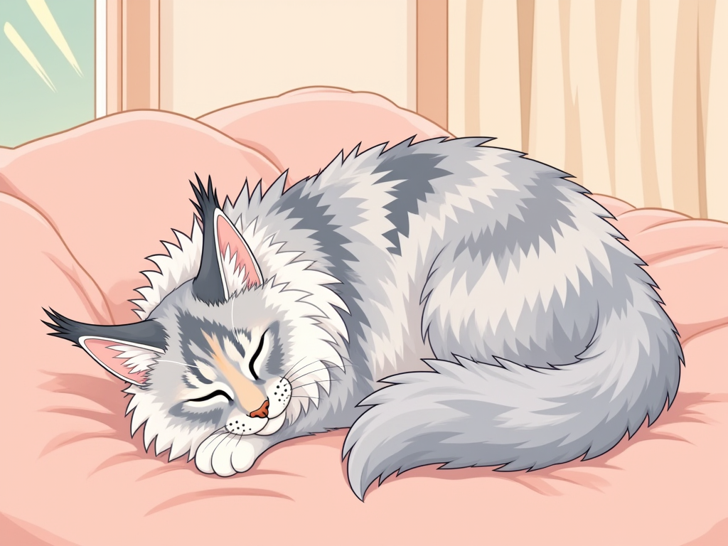 Cartoon illustration of Anjou curled up asleep on a soft cushion.