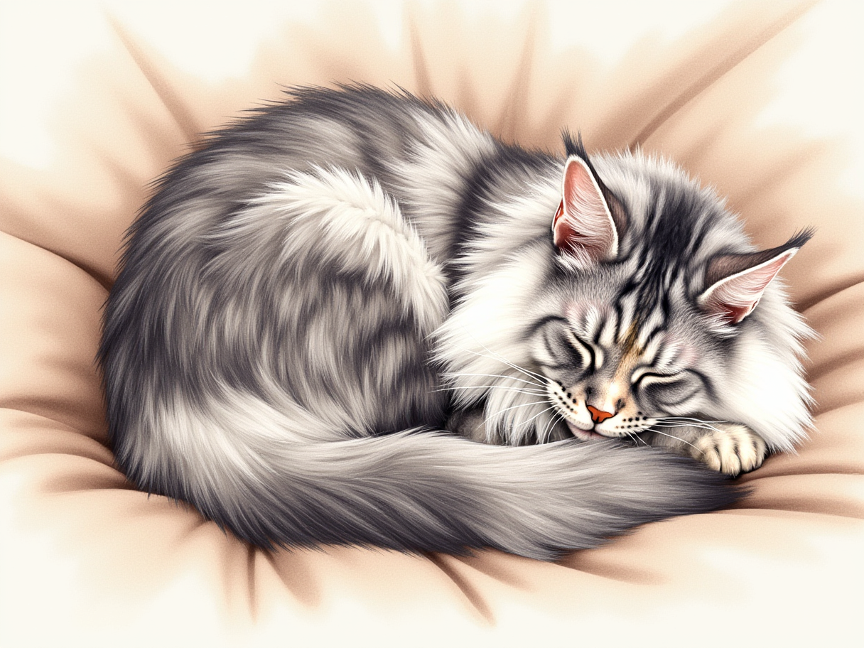 Watercolor illustration of Anjou curled up asleep on a cushion.