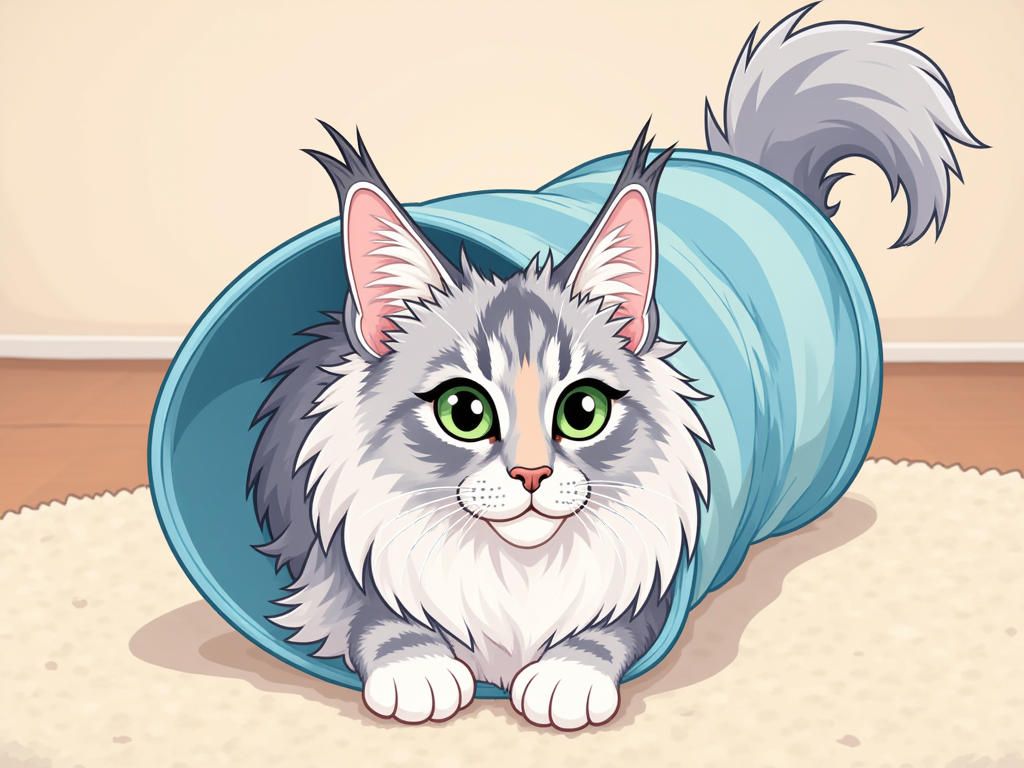 Cartoon illustration of Anjou peeking out of her small blue play tunnel.