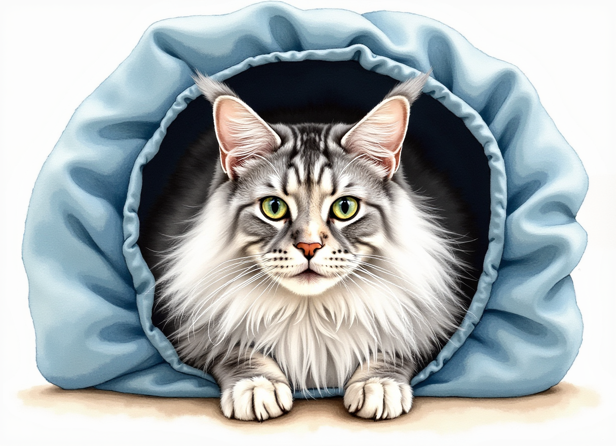 Watercolor illustration of Anjou peeking out of her blue play tunnel.